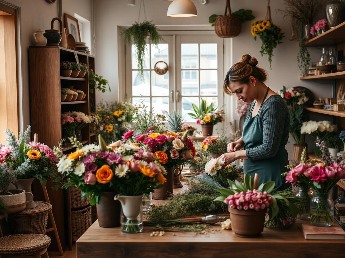 Local florist arranging flowers at her shop