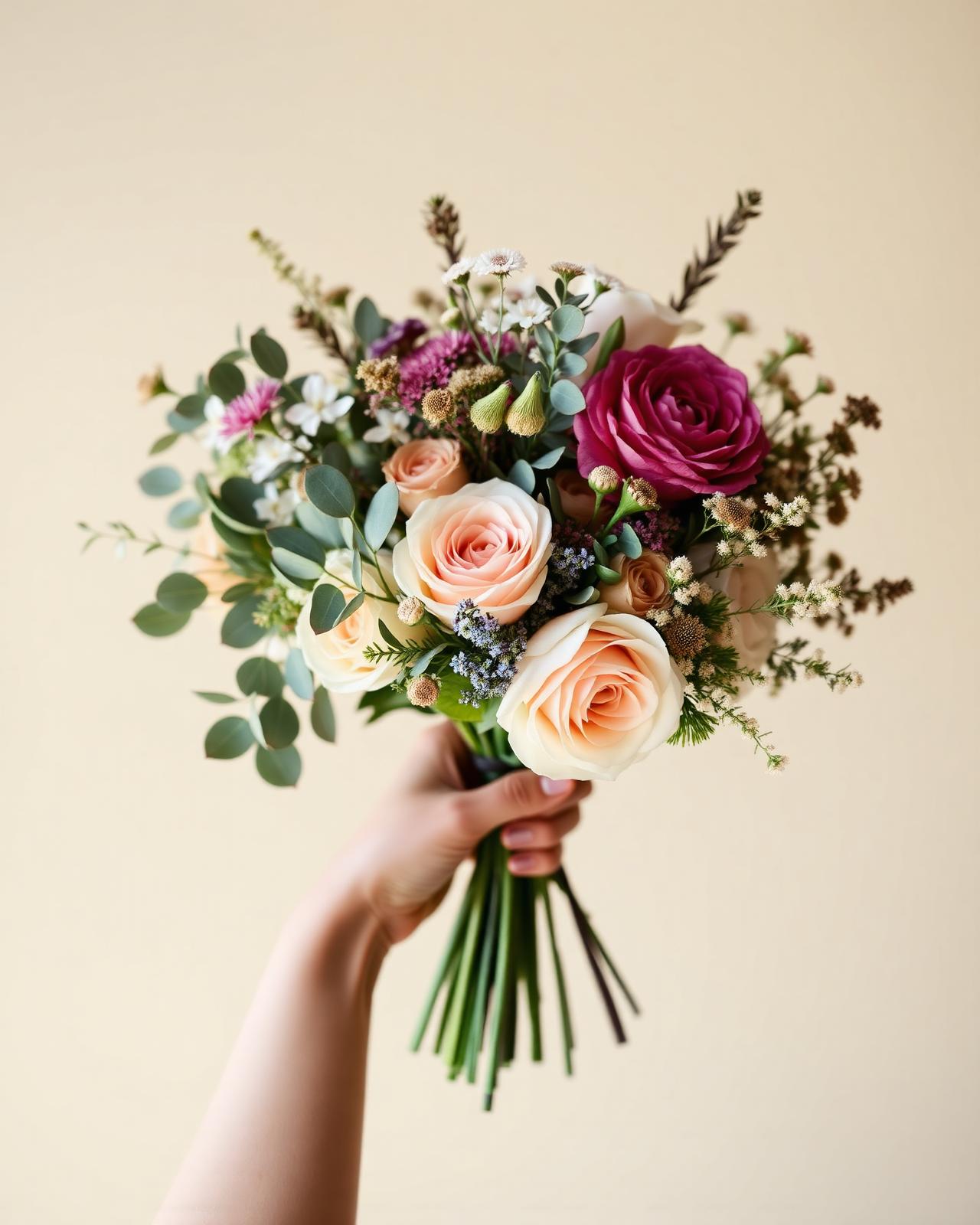Hand holding a lush seasonal bouquet of garden roses and eucalyptus
